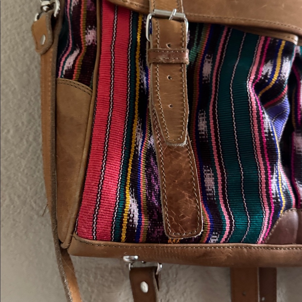 Nena & Co. Brown Leather & Multicolor Woven Backpack Satchel - Picture 3 of 13
